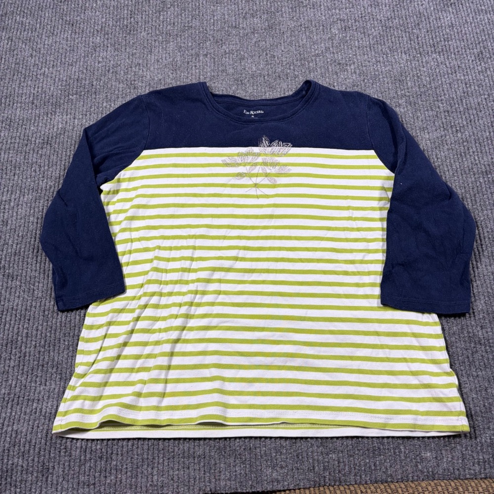 Kim Rogers Shirt Womens XL Navy Blue Green Striped Graphic Floral 3/4 Sleeve Tee